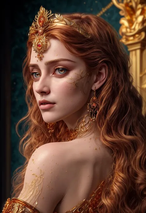 ((best quality, ((masterpiece)), ((ultra realistic)), ((dark fantasy style)),extreme close up portrait, 1girl, RAW, Analog, (intricate details), extreme close up, award winning portrait photograph, perfect skin, ornate tiara, stunning ginger irish goddess, long wavy ginger hair,defined facial features, (flecks of gold, golden glowing shining eyes:1.3), jeweled head band, peaceful expression, regal, heavenly background, light from behind, ultra detailed, detailed face, intricate details, (highly detailed), professional, masterpiece,,