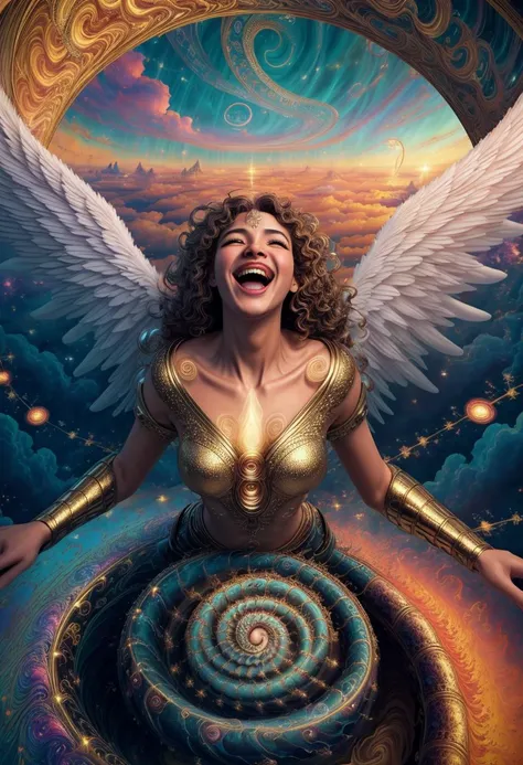((best quality)), ((masterpiece)), ((ultra realistic)), ((dark fantasy style)), beautiful intricately detailed soft oil painting, (heaven:1.4), (body portrait of a jubilant angel, laughing:1.2), parted clouds and an infinite golden staircase, vast golden city, (fractal eternity, swirling spiraling rapturous geometric sky ,angelic vista, vibrant colors:1.5), hard edge lighting,  professional, soft volumetric lighting, depth of field, film grain, smooth, roughness, real life,