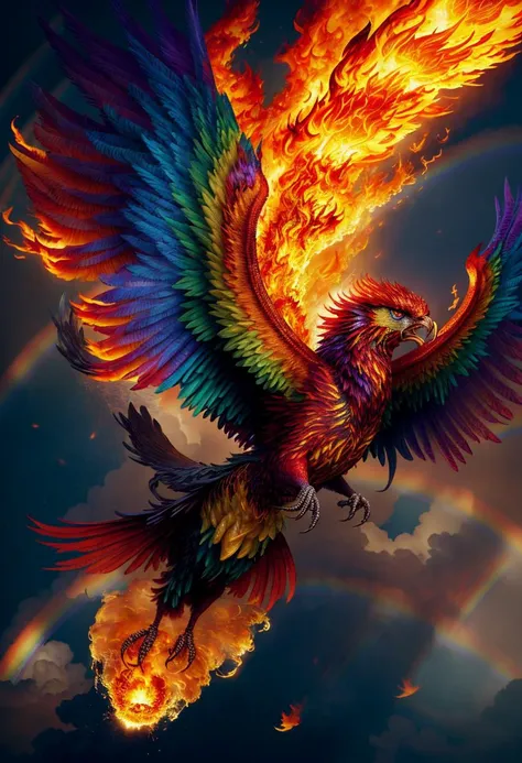 ((best quality)), ((masterpiece)), ((ultra realistic)), ((surrealistic fantasy style)), beautiful intricately detailed soft oil painting by jim lee, mythological bird of prey, facing viewer, a stunningly beautiful and powerful monstrous phoenix erupting from the ashes, awe inspiring legendary fire bird, (vibrant rainbow flames everywhere, colorful conflagration, spiraling inferno:1.5), vast spread symmetrical flaming wings, ultra detailed feathers, razor sharp talons, unparalleled magical energy, soft edge lighting, ((flying)), professional, soft volumetric lighting, depth of field, film grain, smooth, roughness, real life, warm vibrant color palette
