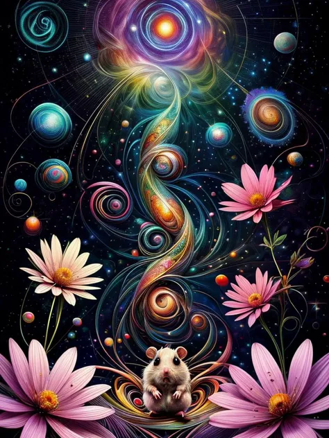 mythical, hamster, Within a celestial haven, a garden of stardust blooms, its shimmering flowers imbued with cosmic magic, Illuminating a room made of ral-colorswirl, <lora:ral-colorswirl-sd15:0.8>