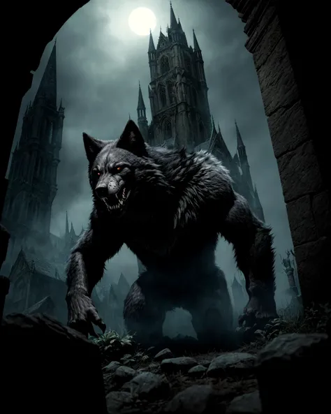 Photo RAW,wide angle 17mm,(best quality, masterpiece),Werewolf in a dark gothic scene. Capture the werewolf's upper body with exceptional detail. Utilize a professional-grade camera for optimal image quality. Focus on the werewolf's intense and menacing expression, emphasizing its eyes and facial features. Position the werewolf against a backdrop of gothic architecture, such as an ancient castle or a misty graveyard. Use atmospheric lighting to create a dark and moody ambiance. Showcase intricate fur texture, sharp claws, and fearsome teeth. Pay attention to lighting and shadows to enhance the creature's menacing presence. Aim for a composition that evokes a sense of mystery and danger. The image should capture the eerie allure of the werewolf mythos within a gothic setting, dusty atmospheric haze, high quality textures of materials, volumetric textures, coating textures, metal textures,dusty atmospheric haze, high quality textures of materials, volumetric textures, coating textures, metal textures, (lightroom:1.13), soft light, (natural texture, hyperrealism:1.2), sharp focus, focused
