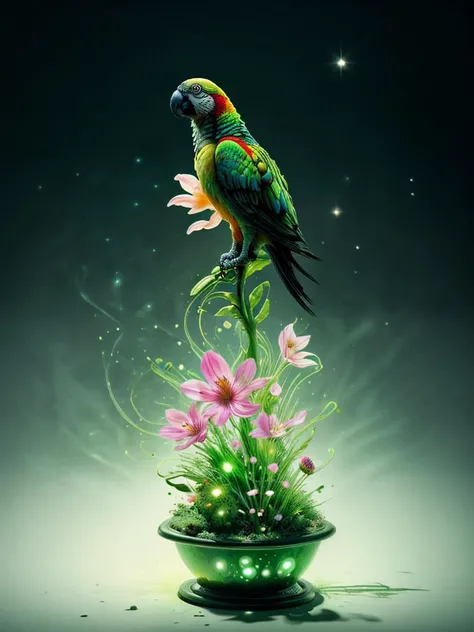timeless, parrot, Within a celestial realm, a garden of celestial flowers blooms, their luminescence illuminating the night, Creating a sense of warmth or coolness made of acidzlime <lora:Acid_Slime_Bubbles:1>