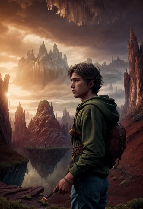 ((best quality)), ((masterpiece)), ((ultra realistic)), ((dark fantasy style)), beautiful intricately detailed soft oil painting of a of an impossible landscape, chaos, (Kaleidoscope dimensional rift:1.4), infinite falling broken biomes, aquatic, grassland, forest, desert, tundra, (a boy with a bindle, wearing a hoodie and jeans:1.3), professional, 8k, uhd, soft volumetric lighting, depth of field, film grain, smooth, roughness, real life, cinematic film still from krull|lord of the rings, photographed on a Canon EOS R5, 50mm lens, F/2.8, HDR, professional, dramatic cinematic lighting,