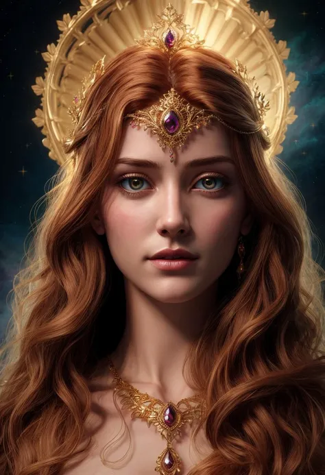 ((best quality)), ((masterpiece)), ((ultra realistic)), ((dark fantasy style)), beautiful intricately detailed soft oil painting, full body portrait, 1girl, (intricate details), award winning body portrait photograph, perfect skin, (perfect naked breasts:1.3), ornate tiara, stunning ginger irish goddess, long wavy ginger hair,defined facial features, (flecks of gold, golden glowing shining eyes), jeweled head band, peaceful expression, medium breasts, regal, (heavenly background:1.3), light from behind, ultra detailed, detailed face, intricate details, (highly detailed), professional, masterpiece,,