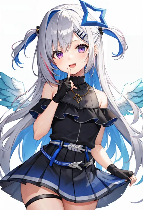 <lora:Beretkanata-V7:1>noberetkanatan1girl, solo, virtual youtuber, long hair, gloves, wings, multicolored hair, official alternate hair length, grey hair, colored inner hair, blue hair, angel wings, purple eyes, halo, star halo, official alternate hairstyle, partially fingerless gloves, angel, thigh strap, black gloves, hair ornament, dress, smile, looking at viewer, bangs, open mouth, two side up, jewelry, feathered wings, white background, pleated dress, single thighhigh, black dress, simple background, frills, bare shoulders, thighhighs, hairclip, necklace, gradient dress, belt, cowboy shot, index finger raised, finger to mouth, sleeveless, white wings