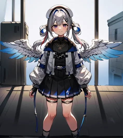 best best quality, masterpiece, <lora:Beretkanata-V7:1> (beretkanatan:1.1), multicolored hair, partially fingerless black gloves, grey hair, mini wings, angel wings, blue hair, white jacket, white beret, single hair intake, hair ornament, colored inner hair, single blue thighhigh, white sneakers, purple eyes, hairclip, single sock, thigh strap, long hair, hair rings, asymmetrical legwear, single black kneehigh, streaked hair, long sleeves, closed mouth, twintails, open jacket, standing, star necklace, necklace, pleated skirt, asymmetrical bangs, uneven legwear, puffy long sleeves, smile, black dress, blue skirt, hooded jacket, blue belt, frills, thigh pouch, (starry sky)