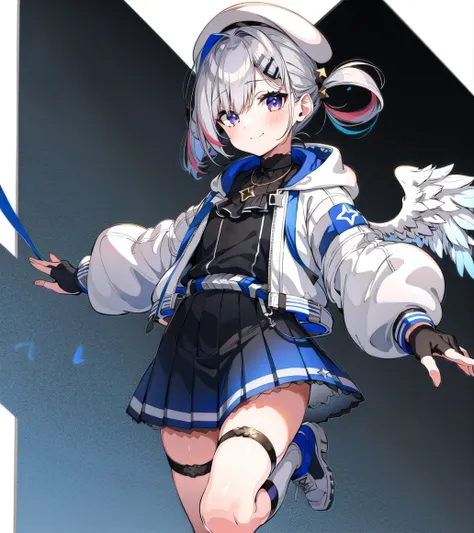 <lora:Beretkanata-V7:1> beretkanatan, 1girl, solo, multicolored hair, partially fingerless black gloves, grey hair, full body, mini wings, angel wings, blue hair, white jacket, white beret, single hair intake, hair ornament, colored inner hair, single blue thighhigh, white sneakers, purple eyes, hairclip, single sock, thigh strap, long hair, hair rings, asymmetrical legwear, single black kneehigh, streaked hair, long sleeves, closed mouth, twintails, open jacket, standing, star necklace, necklace, (white background:1.5), pleated skirt, asymmetrical bangs, uneven legwear, puffy long sleeves, smile, black dress, blue skirt, hooded jacket, blue belt, frills, thigh pouch, (nsfw)