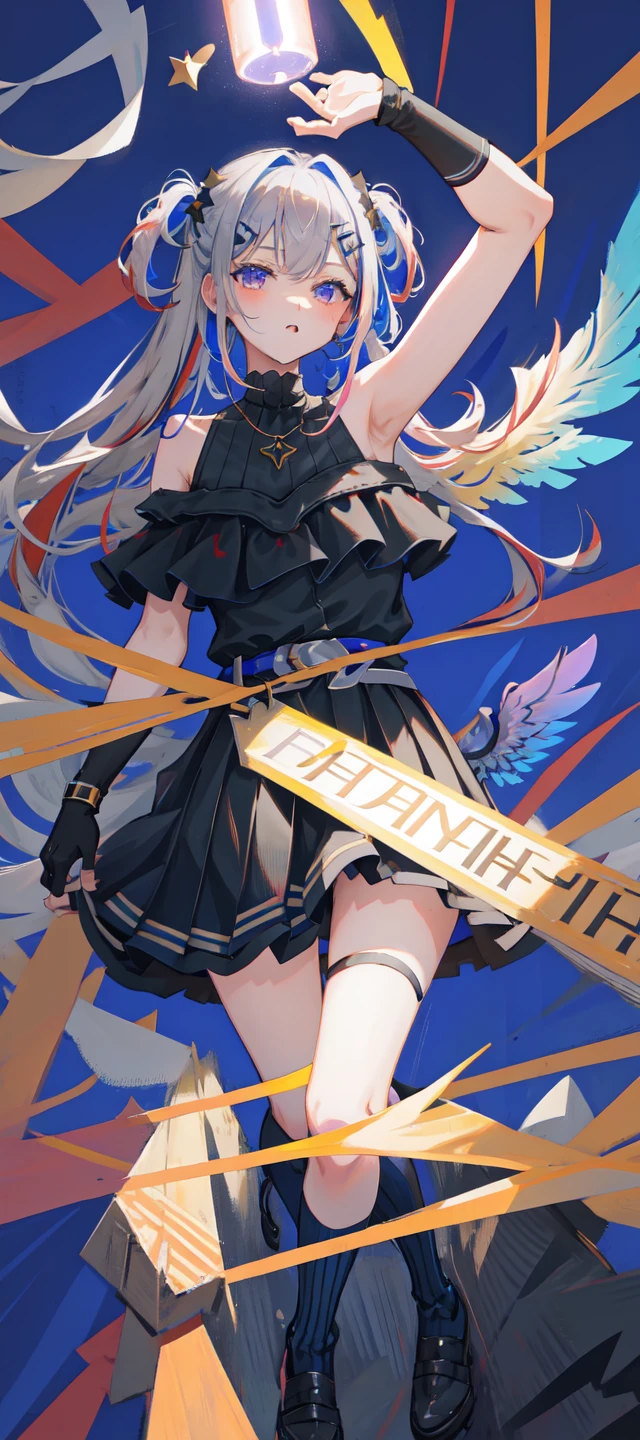 skirt lift, no panties, dakimakura \(object\), lying on back, on bed, <lora:amaneKanataThird_v70:1>, ong hair, multicolored hair, grey hair, colored inner hair, blue hair, angel wings, mini wings, purple eyes, star halo, partially fingerless gloves, thigh strap, black gloves, hair ornament, dress, bangs, two side up, jewelry, pleated dress, single thighhigh, black dress, frills, bare shoulders, thighhighs, hairclip, necklace, gradient dress, belt, sleeveless, full body,