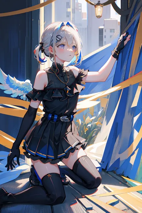 1girl,  <lora:amaneKanataThird_v70:1>, noberetkanatan,kneeling, long hair, multicolored hair, grey hair, colored inner hair, blue hair, angel wings, mini wings, purple eyes, star halo, partially fingerless gloves, thigh strap, black gloves, hair ornament, dress, bangs, two side up, jewelry, pleated dress, single thighhigh, black dress, frills, bare shoulders, thighhighs, hairclip, necklace, gradient dress, belt, sleeveless, happy,