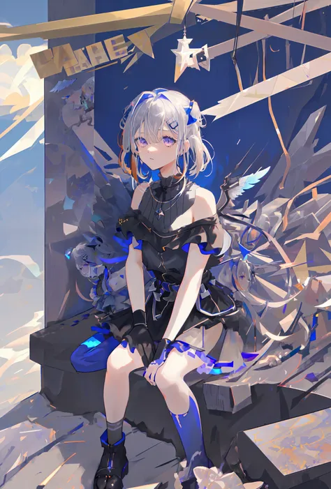 <lora:amaneKanataThird_v70:1>, noberetkanatan, sitting, long hair, multicolored hair, grey hair, colored inner hair, blue hair, angel wings, mini wings, purple eyes, star halo, partially fingerless gloves, thigh strap, black gloves, hair ornament, dress, bangs, two side up, jewelry, pleated dress, single thighhigh, black dress, frills, bare shoulders, thighhighs, hairclip, necklace, gradient dress, belt, sleeveless, happy,