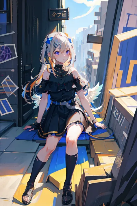 1girl,  <lora:amaneKanataThird_v70:1>, noberetkanatan, sitting, long hair, multicolored hair, grey hair, colored inner hair, blue hair, angel wings, mini wings, purple eyes, star halo, partially fingerless gloves, thigh strap, black gloves, hair ornament, dress, bangs, two side up, jewelry, pleated dress, single thighhigh, black dress, frills, bare shoulders, thighhighs, hairclip, necklace, gradient dress, belt, sleeveless, happy,