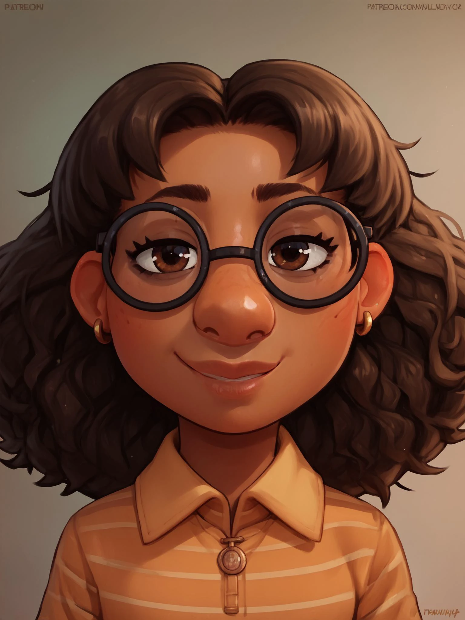 priya, glasses, shirt, earrings, 1girl, dark skin, solo, brown eyes, brown hair, dark-skinned female, striped shirt, looking at viewer, smile <lora:Priya_-_Turning_Red:0.8> <lora:yellowroom_style_PONYXL:1>, score_9, score_8_up, score_7_up, score_6_up, score_5_up, score_4_up