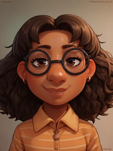 priya, glasses, shirt, earrings, 1girl, dark skin, solo, brown eyes, brown hair, dark-skinned female, striped shirt, looking at viewer, smile   <lora:Priya_-_Turning_Red:0.8> <lora:yellowroom_style_PONYXL:1>, score_9, score_8_up, score_7_up, score_6_up, score_5_up, score_4_up