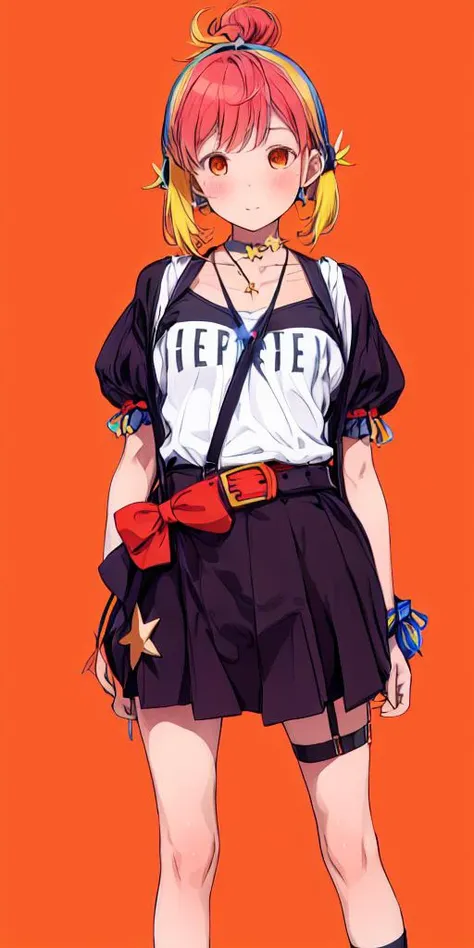hira hikari,solo,1girl,<lora:hira hikari:0.8>,1girl, solo, skirt, shirt, short sleeves, white shirt, hair ornament, suspenders, star (symbol), black skirt, multicolored hair, suspender skirt, blonde hair, collarbone, blush, star hair ornament, belt, bangs, closed mouth, hair, jewelry, hair bun, necklace, clothes writing, puffy sleeves, orange eyes, black belt, scrunchie, miniskirt,<lora:flat2:-0.5>,<lora:boldline2:-0.5>,<lora:saturation:0.5>,<lora:noline:-0.5>,<lora:flatBG:0.5>,<lyco:kotobuki:-0.75>