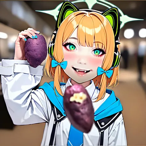 longtu-face,(masterpiece,best_quality),full_body,1girl,midori \(blue archive\),blue archive,aiamu iamu,holding food,holding,hooded jacket,food,sidelocks,:d,collared shirt,blurry,long sleeves,puffy sleeves,headphones,blue bow,hand up,necktie,halo,looking at viewer,jacket,sleeves past wrists,blush,nail polish,blue necktie,animal ear headphones,blurry background,blonde hair,shirt,green eyes,hood down,open clothes,depth of field,hood,smile,white jacket,fake animal ears,bow,puffy long sleeves,open jacket,solo,dress shirt,animal ears,white shirt,blue nails,hair bow,long hair,drawstring,sweet potato,