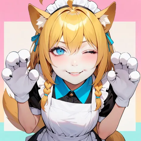 longtu-face,(masterpiece),(best quality),high quality,colorful,1girl,solo,bangs,blush,smile,looking at viewer,ahoge,animal ear fluff,animal ears,animal hands,apron,blonde hair,blue eyes,braid,chibi,closed mouth,dog ears,dog tail,dress,enmaided,frilled apron,frilled dress,frills,gloves,hair between eyes,hands up,long hair,maid,maid apron,maid headdress,one eye closed,puffy short sleeves,puffy sleeves,short sleeves,tail,teeth,waist apron,white apron,white gloves