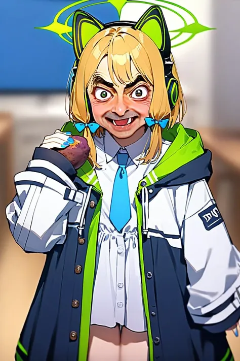 Mr.Bean-face,full body, (masterpiece),(best quality),cat girl,midori \(blue archive\),blue archive,aiamu iamu,holding food,holding,hooded jacket,food,sidelocks,:d,collared shirt,blurry,long sleeves,puffy sleeves,headphones,blue bow,hand up,necktie,upper body,halo,looking at viewer,jacket,sleeves past wrists,blush,nail polish,blue necktie,animal ear headphones,blurry background,blonde hair,shirt,green eyes,hood down,open clothes,depth of field,hood,smile,white jacket,fake animal ears,bow,puffy long sleeves,open jacket,solo,dress shirt,animal ears,white shirt,blue nails,hair bow,long hair,drawstring,sweet potato,