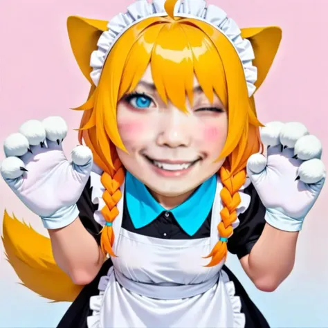 longtu-face,(masterpiece),(best quality),high quality,colorful,1girl,solo,bangs,blush,smile,looking at viewer,ahoge,animal ear fluff,animal ears,animal hands,apron,blonde hair,blue eyes,braid,chibi,closed mouth,dog ears,dog tail,dress,enmaided,frilled apron,frilled dress,frills,gloves,hair between eyes,hands up,long hair,maid,maid apron,maid headdress,one eye closed,puffy short sleeves,puffy sleeves,short sleeves,tail,teeth,waist apron,white apron,white gloves