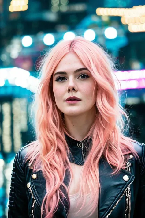 face portrait photo of (ellefan:1.1) <lyco:ElleFanningDogu:1> , sexy, (pink hair:1.1), cyberpunk theme, black leather jacket, (high detailed fair skin:1.2), 8k uhd, dslr, bright lighting, high quality, film grain, Fujifilm XT3