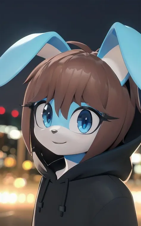 ((masterpiece, best quality:1.4)), bokeh, 3d, detailed eyes,
sonic \(series\),
furry male, solo, portrait, rabbit boy, smile, looking at viewer,
<lora:Bunny_Arnas_Atakiyo-10:0.75> arnasbunny, black hoodie, brown hair, short hair, blue eyes, blue skin, floppy ears, 
city, city lights, tokyo \(city\),