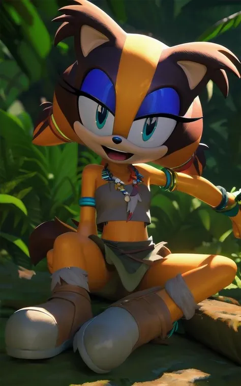((masterpiece, best quality:1.4)), bokeh, ((fluffy)), 3d,
sonic \(series\),
1girl, furry female, solo, ((full body)), smile, looking at viewer, open mouth, sitting,
<lora:sticks-the-badger-v1-locon:0.7> sticks the badger, grey bandeau, grey skirt, boots, necklace, silver bracelet, gold armlet, badger girl, orange body, blue eyes, twintails,
jungle,