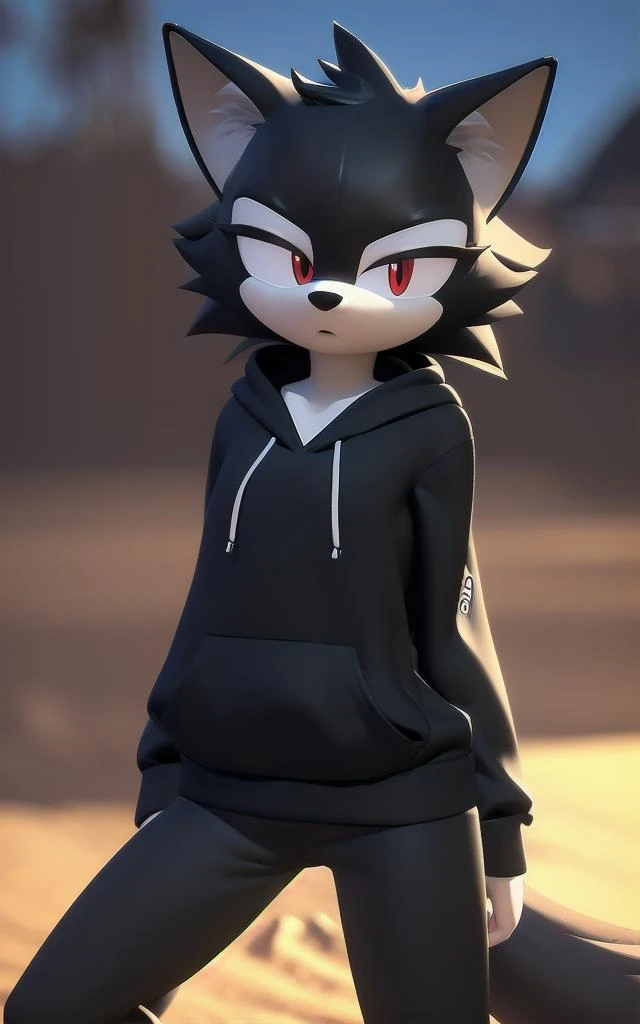 ((masterpiece, best quality:1.4)), bokeh, ((fluffy)), 3d,
furry male, wolf furry, male focus, solo, cowboy shot, looking at viewer,
((black hoodie)), ((black body, black head, black fur)), red eyes, black pants, tail, 
desert