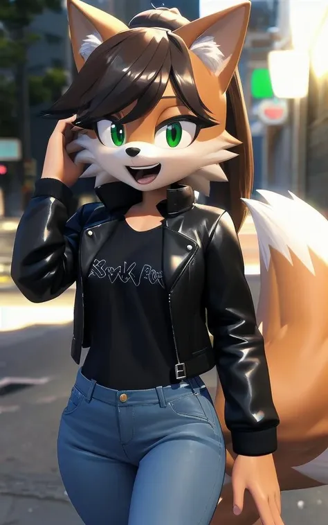 ((masterpiece, best quality:1.4)), bokeh, ((fluffy)), 3d,
sonic \(series\),
furry female, solo, cowboy shot, fox girl, smile, looking at viewer, open mouth, teeth, tail,
brown hair, light brown fur, long hair, ponytail, bangs, green eyes,
leather jacket, torn jeans, open jacket, black shirt,
alleyway,