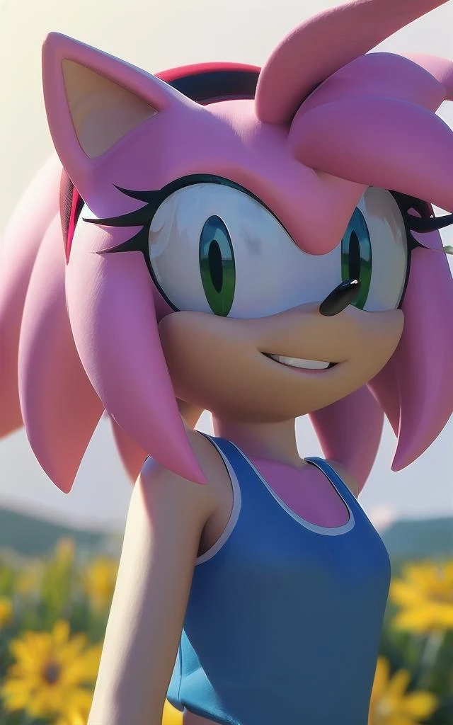 ((masterpiece, best quality:1.4)), bokeh, ((fluffy)), 3d,
sonic \(series\),
1girl, furry female, solo, ((upper body)), hedgehog girl, smile, looking at viewer,
<lora:AmyRose_v2_Retrain:0.05> amy rose, pink skin, hairband, tank top,
field of flowers