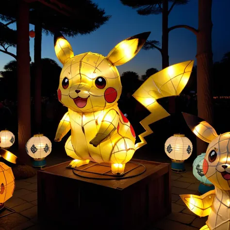 Create an image in a realistic style featuring Pikachu constructed entirely out of lanterns. The lanterns should vary in size to accurately depict Pikachu's iconic shape, including its ears, body, and tail, with a warm glow emanating from within each lantern. The setting is at dusk, allowing the illuminated lanterns to stand out vividly against the dimming light of the surrounding environment, casting soft shadows around Pikachu. The lanternsâ textures should be detailed, showcasing the paper's fibrous quality and the intricate patterns cut into them to mimic Pikachu's facial features and body markings, <lora:lightflower3:0.85>