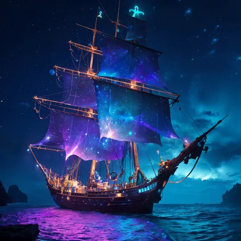 (Pirate ship sailing into a bioluminescence sea with a galaxy in the sky), epic, 4k, ultra,