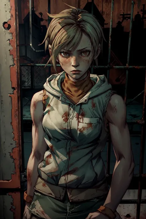 1girl, portrait, <lora:SH3Heather:0.8>, SH3Heather, brown eyes, sleeveless, sweater, white vest with hood, green mini skirt, amusement park, <lora:add_detail:0.7>, horror, gore, metalic walls, fences, rust, red walls, barbed wire, hooks, dark atmosphere,