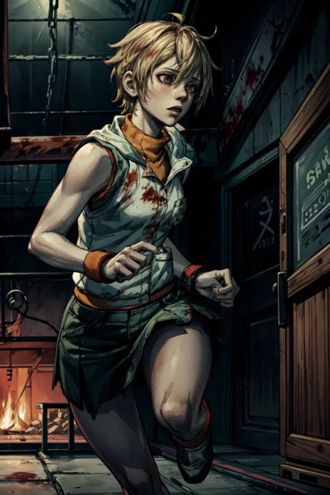 1girl, running away from a deformed creature, <lora:SH3Heather:0.8>, SH3Heather, orange turtle neck sweater, sleeveless, white vest, green mini skirt, mall, <lora:add_detail:0.7>, chains, hooks, blood, dark atmosphere,