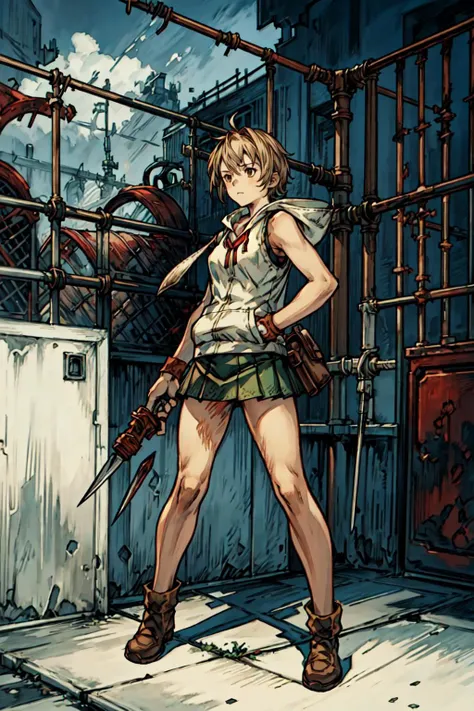 1girl, dynamic pose, holding a weapon, pipes, <lora:SH3Heather:0.8>, SH3Heather, brown eyes, sleeveless, sweater, white vest with hood, green mini skirt, amusement park, <lora:add_detail:0.7>, horror, gore, metalic walls, fences, rust, red walls, barbed wire, hooks, dark atmosphere, <lora:tachi-e:1>, white background, full body,