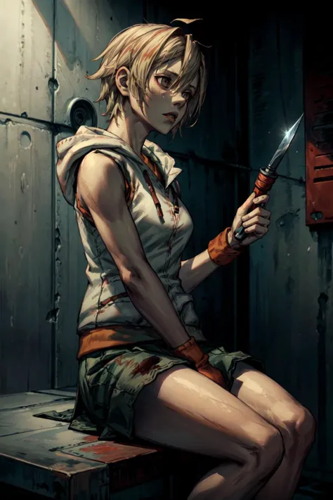 1girl, seated, exhausted, holding a weapon, pipe, <lora:SH3Heather:0.8>, SH3Heather, sleeveless, orange sweater, white vest with hood, green mini skirt, <lora:add_detail:0.7>, horror, gore, metalic walls, fences, rust, red walls, barbed wire, hooks, dark atmosphere,