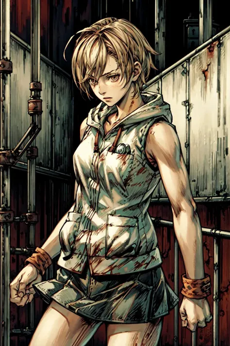 1girl, portrait, <lora:SH3Heather:0.8>, SH3Heather, brown eyes, sleeveless, sweater, white vest with hood, green mini skirt, amusement park, <lora:add_detail:0.7>, horror, gore, metalic walls, fences, rust, red walls, barbed wire, hooks, dark atmosphere,