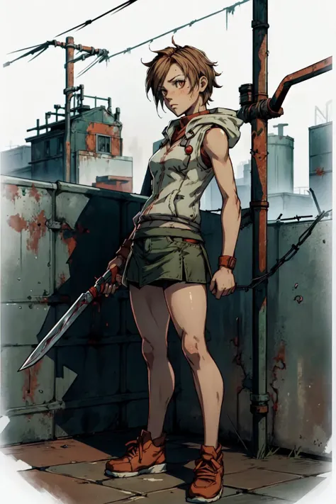 1girl, dynamic pose, holding a weapon, pipes, <lora:SH3Heather:0.8>, SH3Heather, brown eyes, sleeveless, sweater, white vest with hood, green mini skirt, amusement park, <lora:add_detail:0.7>, horror, gore, metalic walls, fences, rust, red walls, barbed wire, hooks, dark atmosphere, <lora:tachi-e:1>, white background, full body,