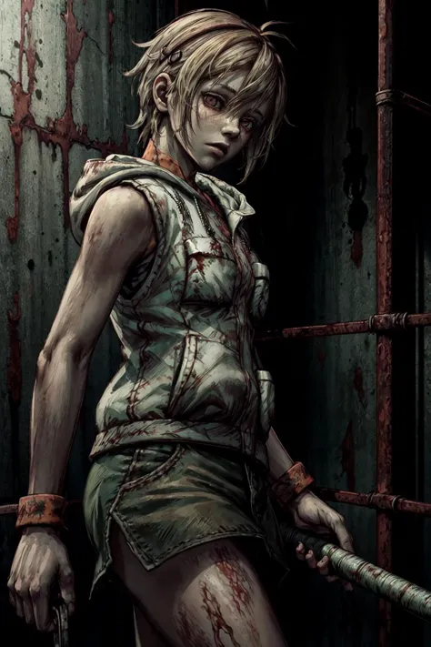 1girl, portrait, <lora:SH3Heather:0.8>, SH3Heather, brown eyes, sleeveless, sweater, white vest with hood, green mini skirt, amusement park, <lora:add_detail:0.7>, horror, gore, metalic walls, fences, rust, red walls, barbed wire, hooks, dark atmosphere,