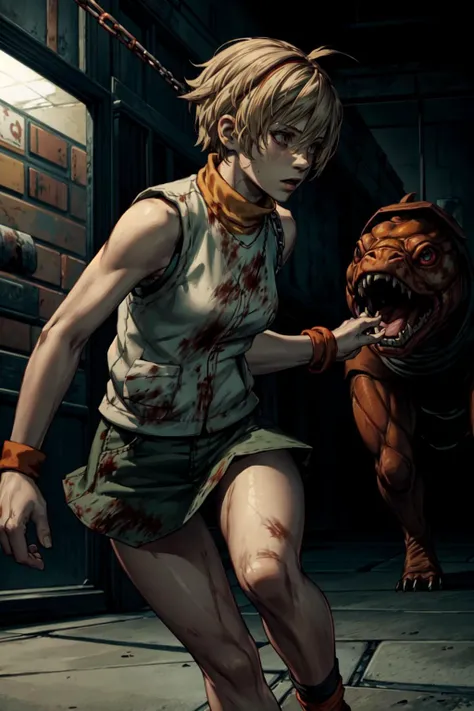 1girl, running away from a deformed monster, deformed creature, <lora:SH3Heather:0.8>, SH3Heather, orange turtle neck sweater, sleeveless, white vest, green mini skirt, mall, <lora:add_detail:0.7>, red embient, chains, hooks, blood, dark atmosphere,