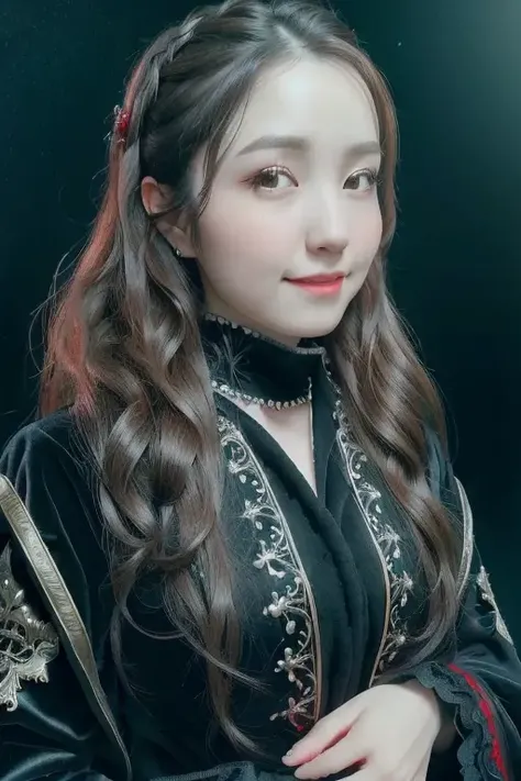 a beautiful empress smiling portrait, black hair, perfect eyes, clothes Santa robes, everything Christmas, snow, symmetrical, dramatic studio lighting, rococo, baroque, greens, asian, hyperrealism, closeup, D&D, fantasy, intricate, elegant, highly detailed, digital painting, artstation, octane render, 8k, concept art, matte, sharp focus