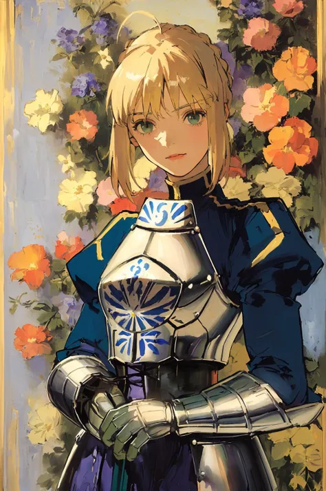 (art by (Carl Larsson:1.2,Artoria_ Pendragon,Portrait Painting,1girl,a suit of armour,,,,,<lora:Artoria_Pendragon:0.8>,,,,medium_shot,bright, ,,,<lora:GEMSHADOW-noise-common:0.2>,,,, ,<lora:mounted_archery_v1:0.4>,flowers and plants,sunniness,eyes sparkling,