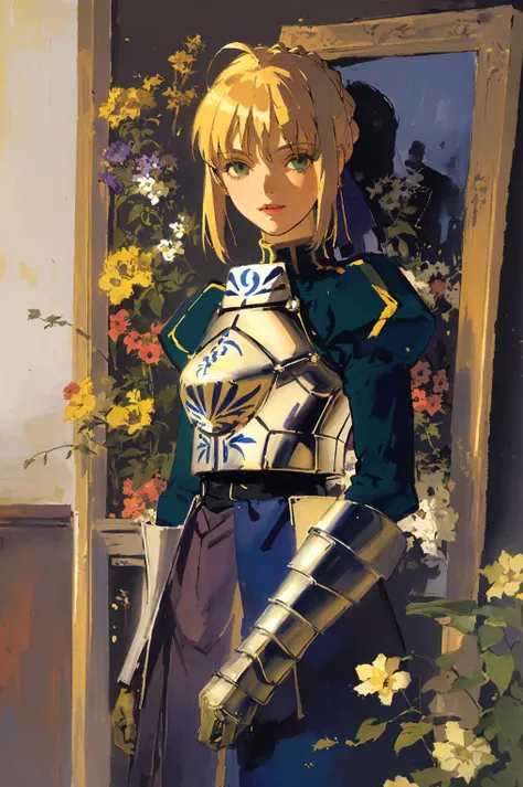 (art by (Carl Larsson:1.2,Artoria_ Pendragon,Portrait Painting,1girl,a suit of armour,,,,,<lora:Artoria_Pendragon:0.8>,,,,medium_shot,bright, ,,,<lora:GEMSHADOW-noise-common:0.2>,,,, ,<lora:mounted_archery_v1:0.4>,flowers and plants,sunniness,eyes sparkling,