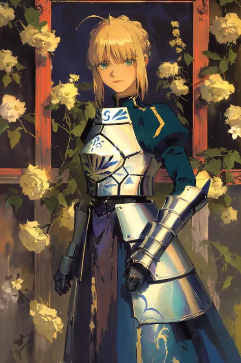 (art by (Carl Larsson:1.2,Artoria_ Pendragon,Portrait Painting,1girl,a suit of armour,,,,,<lora:Artoria_Pendragon:0.8>,,,,medium_shot,bright, ,,,<lora:GEMSHADOW-noise-common:0.2>,,,, ,<lora:mounted_archery_v1:0.4>,flowers and plants,sunniness,eyes sparkling,