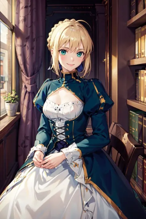 (masterpiece:1.4), (best quality:1.4), realistic, 1girl, <lora:Artoria_Pendragon-000019:0.7> artoria pendragon \(fate\), dress, library, smile