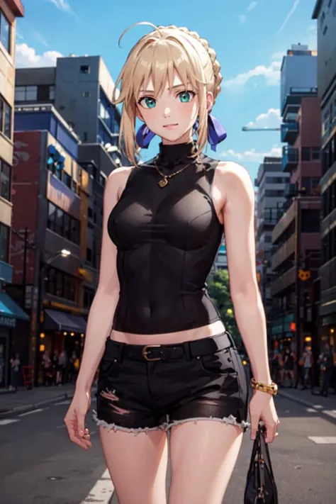 (masterpiece:1.4), (best quality:1.4), realistic, 1girl, <lora:ironcatlora1Artoria_v10:0.7> artoria pendragon \(fate\), shorts, sleeveless shirt, city, necklace,