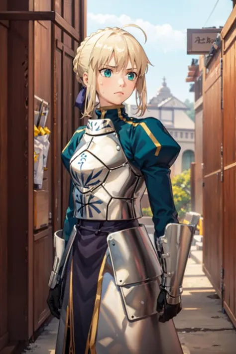 (masterpiece:1.4), (best quality:1.4), realistic, 1girl, <lora:Artoria_Pendragon-000019:0.7> artoria pendragon \(fate\) , armor, temple, tree, sweatdrop, frown,