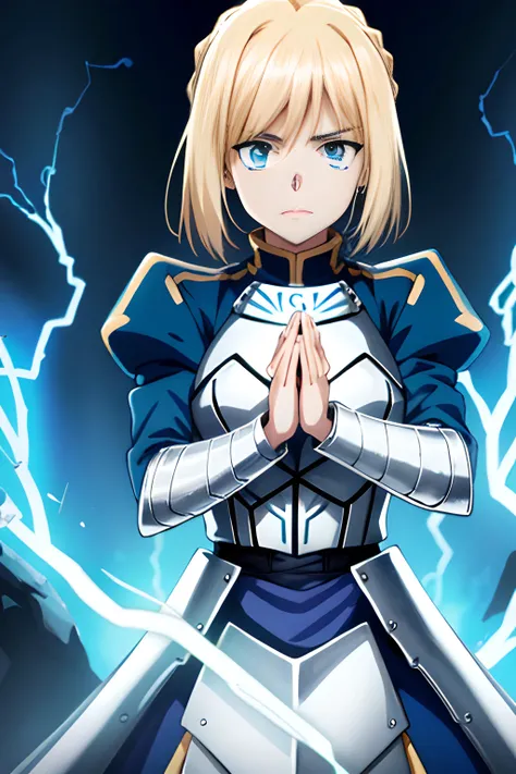 1 girl, solo,((praying)), dynamic pose, dungeon, dynamic shot, ((blue lightning)), Surrounded by lighting, particle glow, Particle lightning,<lora:LightningVFXV1:0.5>, squinted eyes, constricted pupils, shocked <lora:crazyExpressions_crazyExpressions:0.6>, artoria pendragon \(fate\),armor ,excalibur \(fate/stay night\), <lora:Artoria_Pendragon-000019:0.8>, (((anime))),masterpiece, best quality, intricate details, 8k uhd, perfect face, perfect eyes