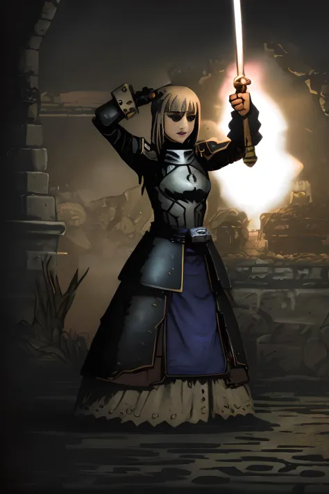 1 girl, solo,artoria pendragon \(fate\),armor ,excalibur \(fate/stay night\), hold sword, glowing sword, <lora:Artoria_Pendragon-000019:0.8>, ddstyle, ddstyle,darkest dungeon ,<lora:DarkestDungeonV2:0.8>