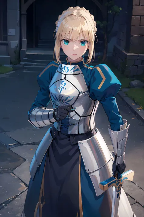 (masterpiece:1.4), (best quality:1.4), realistic, 1girl, <lora:Artoria_Pendragon-000019:0.7> artoria pendragon \(fate\), armor, (excalibur \(fate/stay night\), sword, holding sword:1.1)