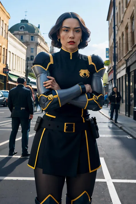 Lin_Bei_Fong, short black hair, green eyes, uniform, armor. makeup, red lipstick, scar on face, looking at viewer, serious, standing, arms crossed, outside, city, street, blue sky, high quality, masterpiece, <lora:Lin_Bei_Fong_CivitAITrainer:.7>