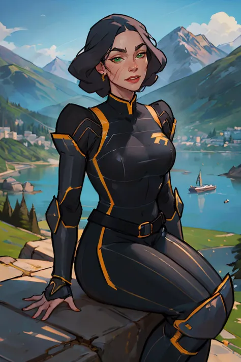 Lin_Bei_Fong, short black hair, green eyes, uniform, armor. makeup, red lipstick, scar on face, looking at viewer, serious, smiling, sitting, on large rock, outside, scenic view, mountains, blue sky,  high quality, masterpiece, <lora:Lin_Bei_Fong_CivitAITrainer:.7>